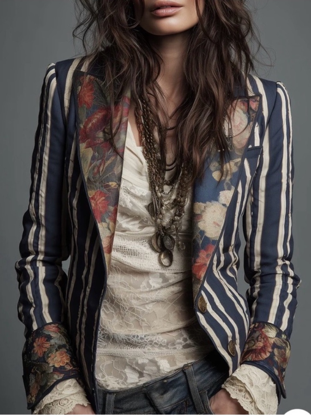 NWT Futario Striped Floral Print Linen Blazer in Navy Blue Sz L